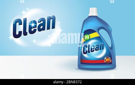 Bottle of detergent with label 3D mockup. Cleaning product realistic design. Washing supply advertisement, vector illustration Stock Vector