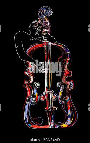 playing double bass . Classical musician jazz bassist - vector illustration (Ideal for printing on fabric or paper, poster or wallpaper, house decorat Stock Vector