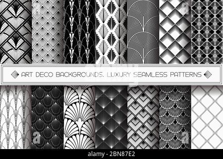 Art Deco patterns set. Vector black white backgrounds Stock Vector