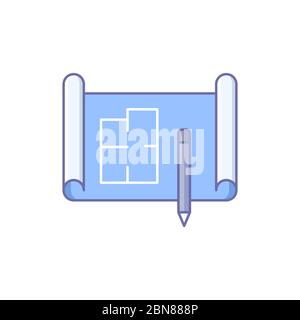 Blueprint and pencil vector icon symbol plan isolated on white background Stock Vector