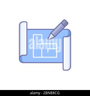 Blueprint and pencil vector icon symbol plan isolated on white background Stock Vector