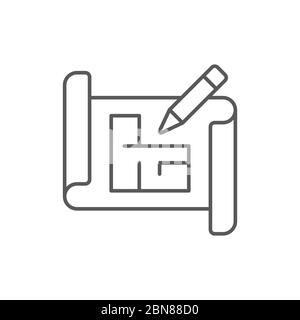 Blueprint and pencil vector icon symbol plan isolated on white background Stock Vector