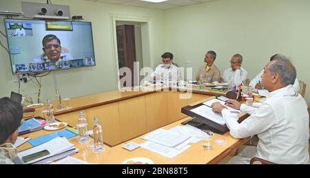 Jaipur, India. 10th May, 2020. Rajasthan Chief Minister Ashok Gehlot interacts with leader of opposition Gulab Chand Kataria via video conference over issues related to the coronavirus pandemic, in Jaipur. (Photo by Sumit Saraswat/Pacific Press) Credit: Pacific Press Agency/Alamy Live News Stock Photo