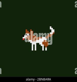 Vector pixel art icon - dog brown and white color, game design 8 bit sprite isolated animal illustration Stock Vector
