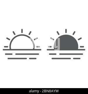 Sunset and sea waves line and glyph icon, summer and ocean, sunset sign vector graphics, a linear icon on a white background, eps 10. Stock Vector