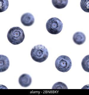 Seamless blueberry pattern. Falling or flying berries isolated on white. Fresh fruit summer pattern. Creative food concept. Macro, closeup Stock Photo