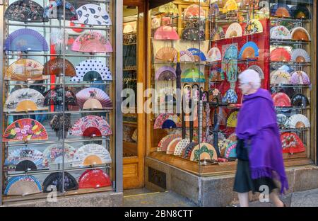 Traditional Spanish fans on sale in the shop window of Casa de Diego in the Puerta Del Sol, central Madrid, Spain Stock Photo