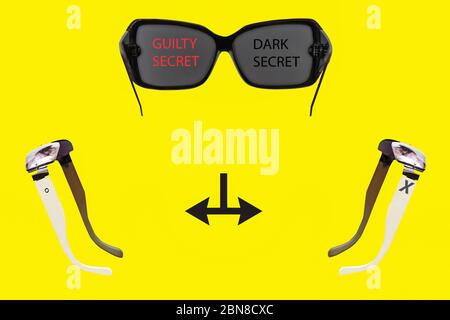 Rear view male sunglasses with GUILY SECRET on lens, arrows to two female sunglasses below. Concept guilty secret, love affair, betrayal, fling, Stock Photo