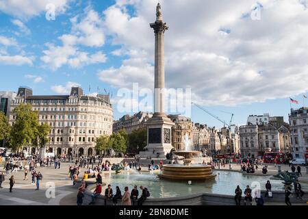 Looking towards Nelson's Column in Trafalgar Square on a sunny summer day, London, UK