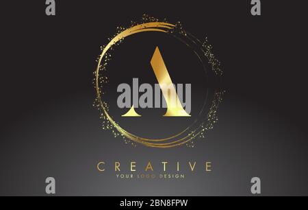 A golden letter logo with golden sparkling rings and dust glitter on a black background. Luxury decorative shiny vector illustration. Letter A vector Stock Vector