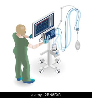 nurse with ventilator medical equipment coronavirus isometric stock vector illustration Stock Vector