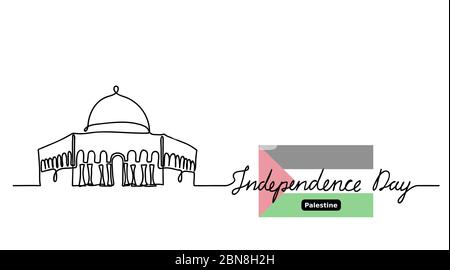 Palestine Independence day vector background. Mosque Dome on Rock Al-Aqsa and flag. One continuous line drawing contour, outline with lettering Stock Vector