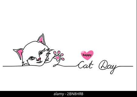 Happy Cat Day vector background, banner, signboard. One continuous line drawing contour, outline with lettering Cat Day Stock Vector