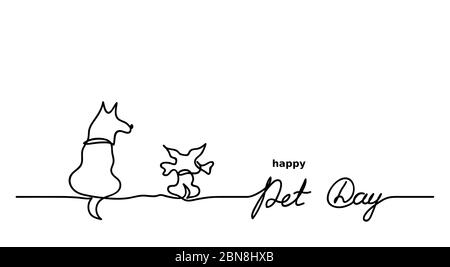 Happy pet day one line continuous drawing. Dog, puppy, bone with lettering Pet Day. Vector minimal background, banner Stock Vector