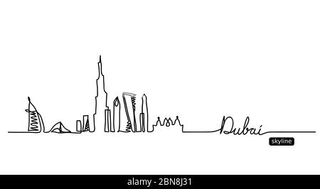 Dubai, uae vector skyline. One continuous line drawing buildings, towers of Dubai silhouette Stock Vector