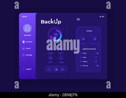 Backup application tablet interface vector template. Mobile app page night mode design layout. Cloud storage service screen. Flat UI for application Stock Vector