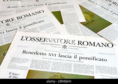 Resignation of POPE BENEDICT XVI,  Official Vatican Newspaper L'Osservatore Romano of February 11, 2013 Stock Photo