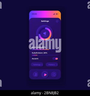 Metronome parameters smartphone interface vector template. Mobile app page dark design layout. Musicians auxiliary application screen. Flat UI for Stock Vector