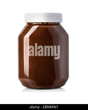 Hazelnut spread chocolate jar on white background with clipping path Stock Photo
