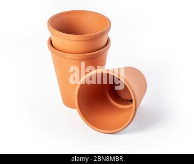 Empty ceramic brown flower pot isolated on white background, close up Stock Photo