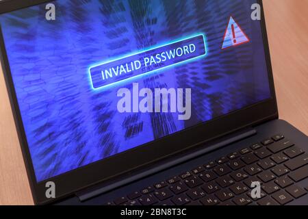 Computer screen concept with password entry error. Invalid password on blue background. Red warning triangular icon. Horizontal. Stock Photo