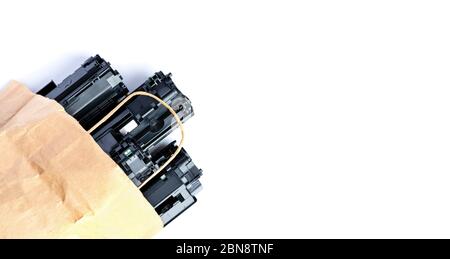 Used cartridge for laser printer isolated on white background Stock Photo