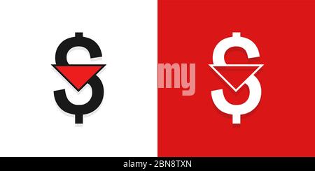 Dollar down icon. Cost reduction sign. Money symbol with arrow stretching rising drop fall down. Decrease dollar, fall, vector illustration. Stock Vector