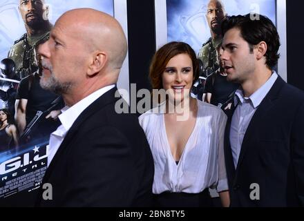 Los Angeles, United States. 29th Mar, 2013. Bruce Willis (L), a cast member in the motion picture sci-fi thriller 'G.I. Joe: Retaliation', attends the premiere of the film with his daughter Rumer Willis and actor Jayson Blair (R) at TCL Chinese Theatre, in the Hollywood section of Los Angeles on March 28, 2013. Credit: UPI/Alamy Live News Stock Photo