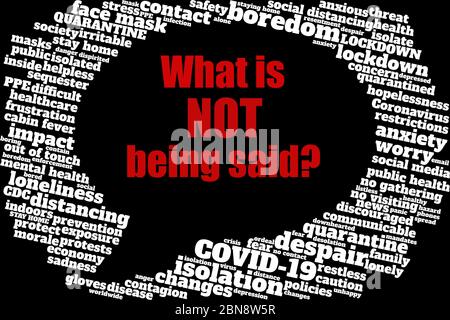 Word cloud regarding COVID-19 and social distancing in the shape of a speech bubble containing text 'What is NOT being said?', invites conversation Stock Photo