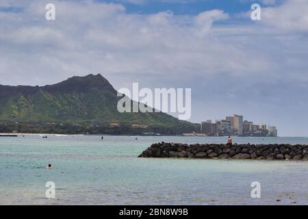 Iconic view in Waikiki showing ocean and Diamond Head on Oahu. Stock Photo