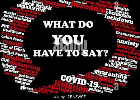 Word cloud regarding COVID-19, resulting social changes in the shape of a speech bubble containing text 'WHAT DO YOU HAVE TO SAY?' invites discussion Stock Photo