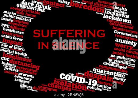 Word cloud regarding COVID-19 and quarantine in the shape of a speech bubble containing text 'SUFFERING IN SILENCE', tagcloud, tag cloud, dialogue Stock Photo