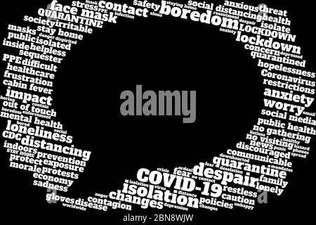 A speech bubble is bordered by a word cloud with text regarding social distancing, societal problems and COVID-19 graphic with room for your text Stock Photo