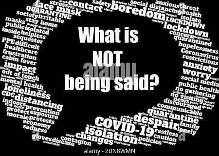 Word cloud regarding coronavirus and social distancing in the shape of a speech balloon containing text 'What is NOT being said?' invites conversation Stock Photo