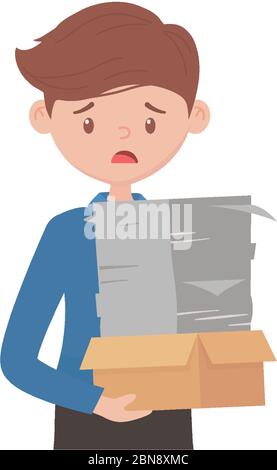 stressed employee cardboard box and papers stack isolated design vector illustration Stock Vector