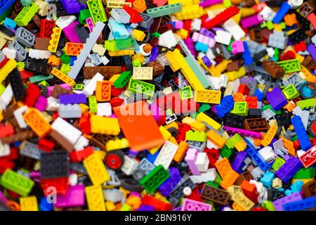 texture of colored toy bricks background. soft focus, top view Stock Photo