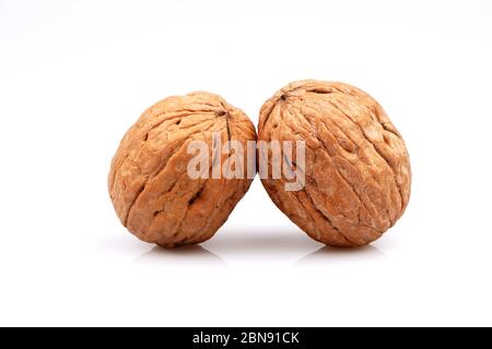 Delicious whole organic two walnuts, isolated on white background Stock Photo