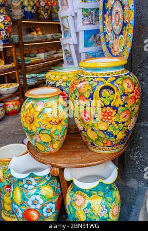 Positano, Italy - 1 November, 2019: Colourful traditional ceramics vases, Amalfi Stock Photo