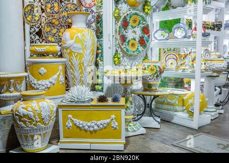 Positano, Italy - 1 November, 2019: Colourful traditional ceramics vases, Amalfi Stock Photo