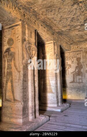 Square Pillars, Goddess Hathor Head, Temple of Hathor and Nefetari, UNESCO World Heritage Site, Abu Simbel, Egypt Stock Photo