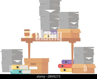stress at work, desk coffee cups pile of papers and many binders and boxes vector illustration Stock Vector