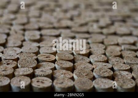 Close-up of homemade chopped wine cork note board, selective focus Stock Photo