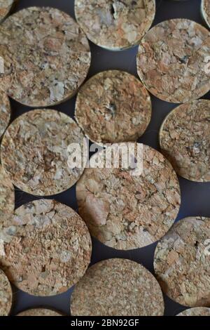 Extremely close-up of homemade chopped wine cork note board, selective focus Stock Photo