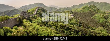 Panorama of The Great Wall, Badaling with bright spring foliage Stock Photo