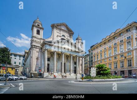 Basilica della Santissima Annunziata del Vastato,  a 17th century Catholic baroque cathedral with Neoclassicist façade at Piazza della Nunziata in Gen Stock Photo