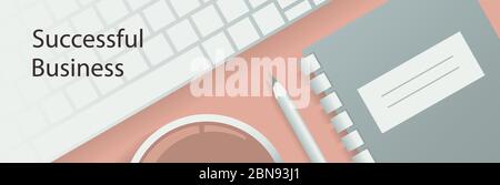 Banner background with keyboard, coffee and notepad on the table. Stock Vector
