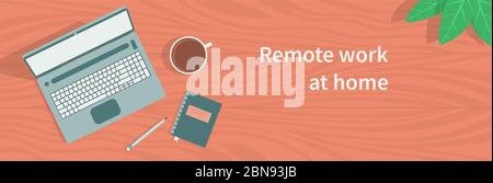Banner with laptop, coffee, notepad and pencil on the table. Stock Vector