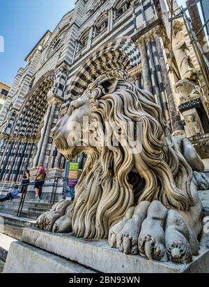 lion statue by sculptor Carlo Rubatto flanking the staircase of Genoa Cathedral, Genoa, Liguria, Italy Stock Photo