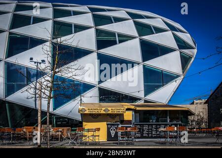 Budapest, Hungary, March 2020 view of a shack with terrace by the Balna or the “Glass Whale” serving beverages and ice cream Stock Photo