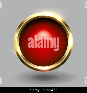 Red shiny circle blank button with gold metallic frame, vector element for web Stock Vector